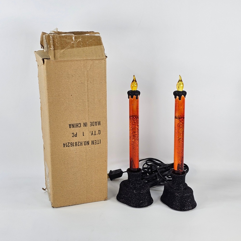 Halloween Electric Glitter Candle Lamps Set of 2 Orange Black H2816214 *Read*